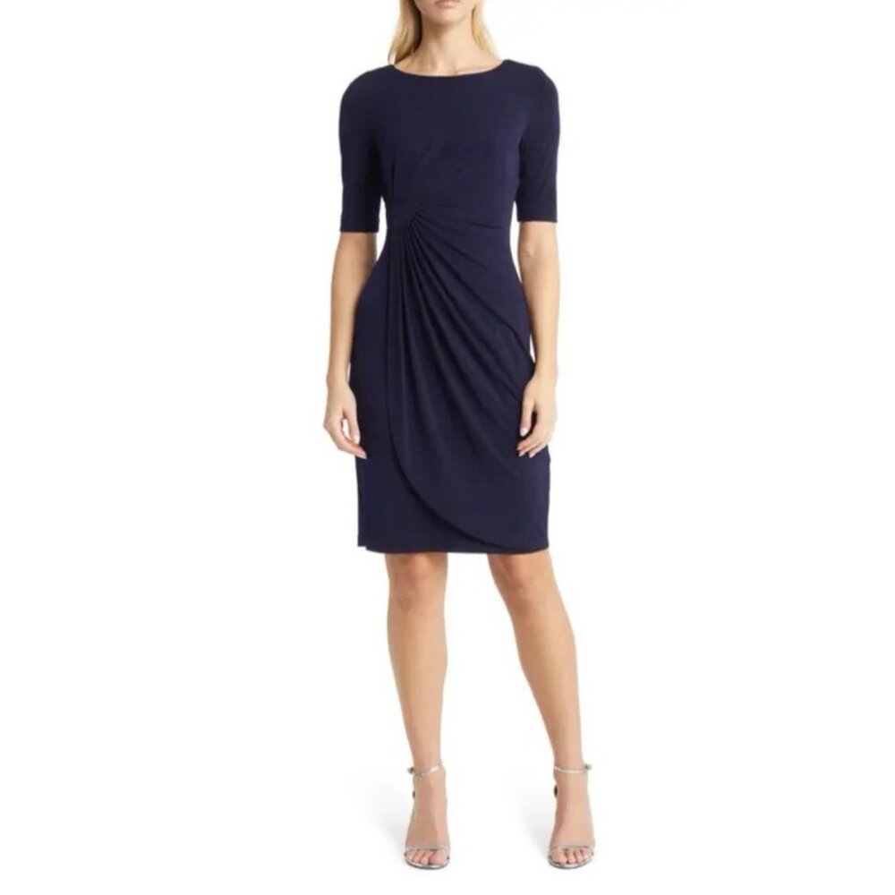 Connected Dress 10 Navy Blue Short Sleeve Stretch Sheath Washable Career Church